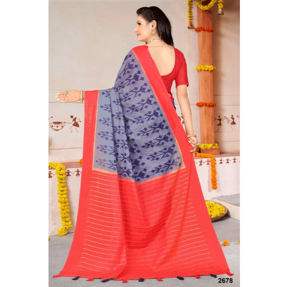 Women's Soft Pure Cotton Printed Saree With Unstitched Blouse 5.5Mtr (Purple)