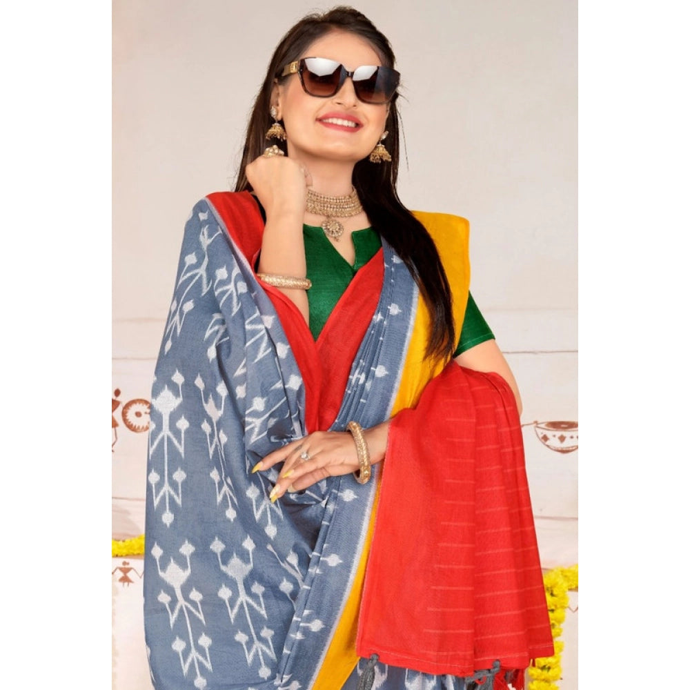 Women's Soft Pure Cotton Printed Saree With Unstitched Blouse 5.5Mtr (Grey)