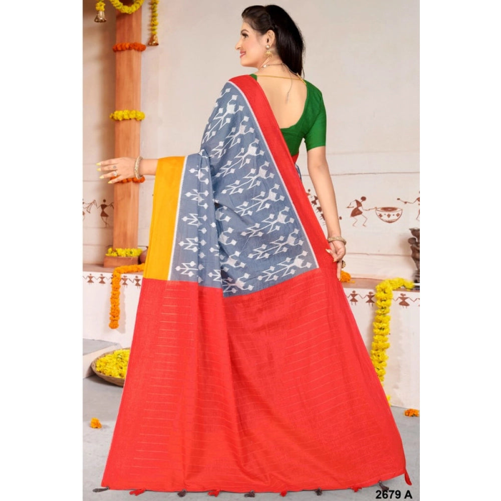 Women's Soft Pure Cotton Printed Saree With Unstitched Blouse 5.5Mtr (Grey)