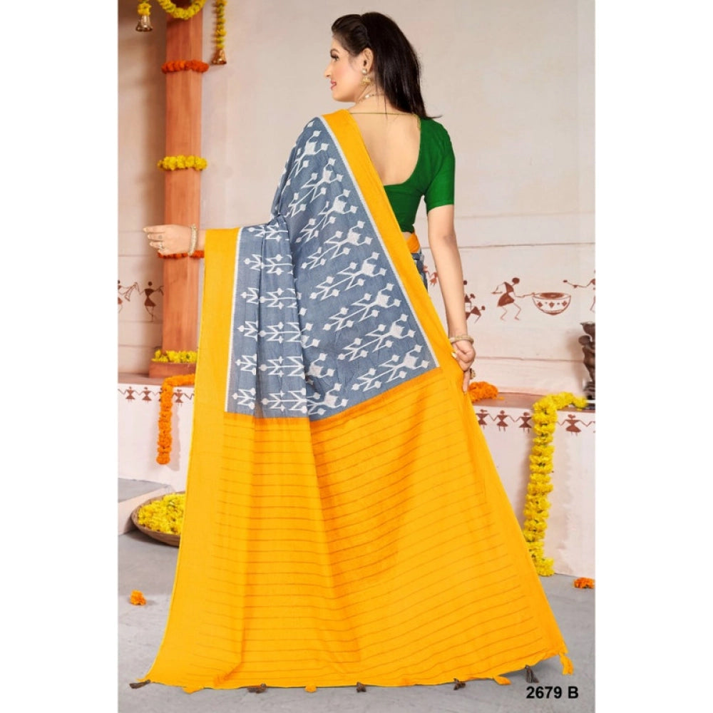 Women's Soft Pure Cotton Printed Saree With Unstitched Blouse 5.5Mtr (Yellow)