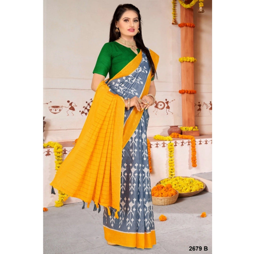 Women's Soft Pure Cotton Printed Saree With Unstitched Blouse 5.5Mtr (Yellow)