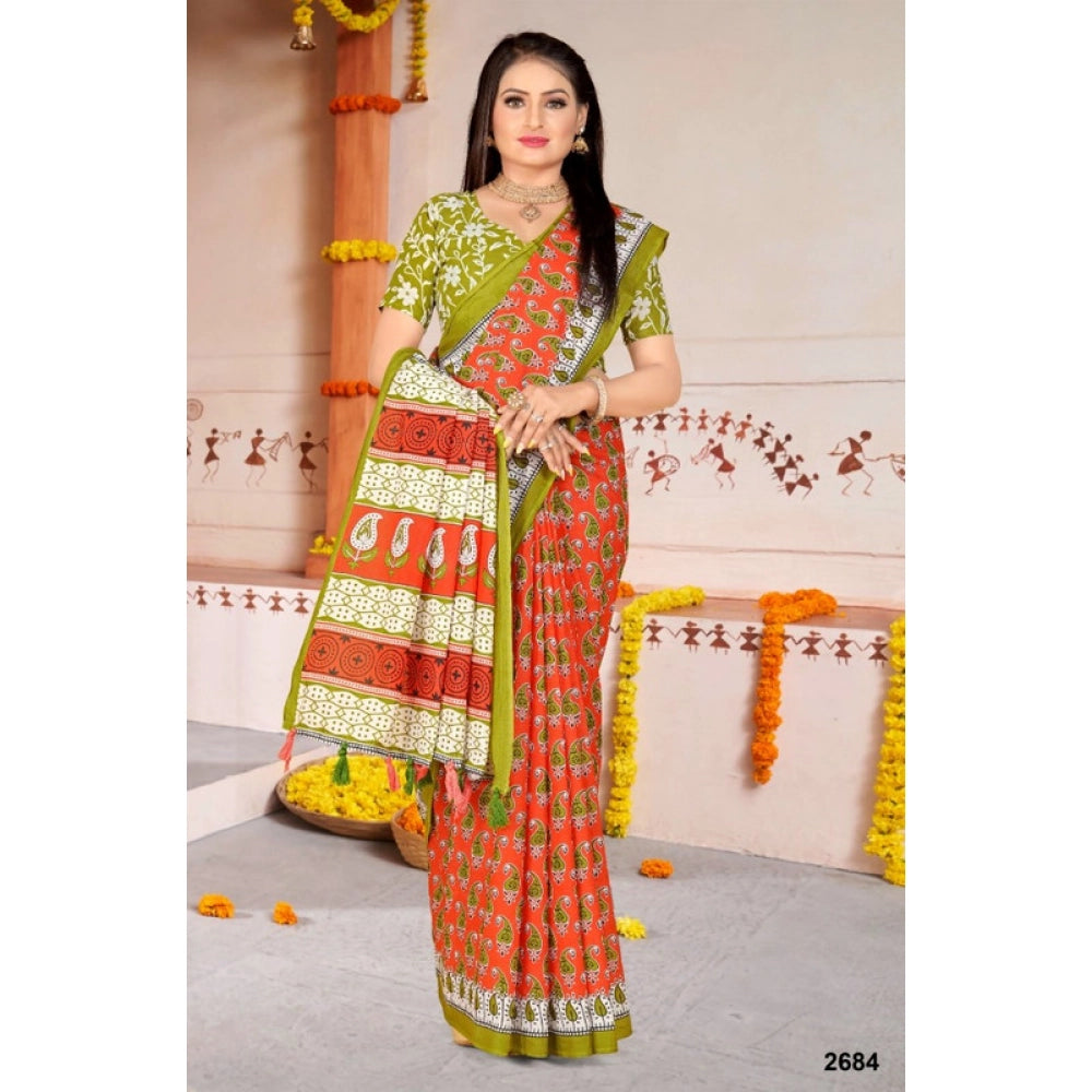 Women's Soft Pure Cotton Printed Saree With Unstitched Blouse 5.5Mtr (Multicolor)