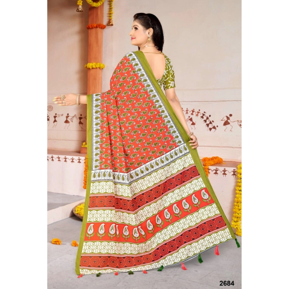 Women's Soft Pure Cotton Printed Saree With Unstitched Blouse 5.5Mtr (Multicolor)