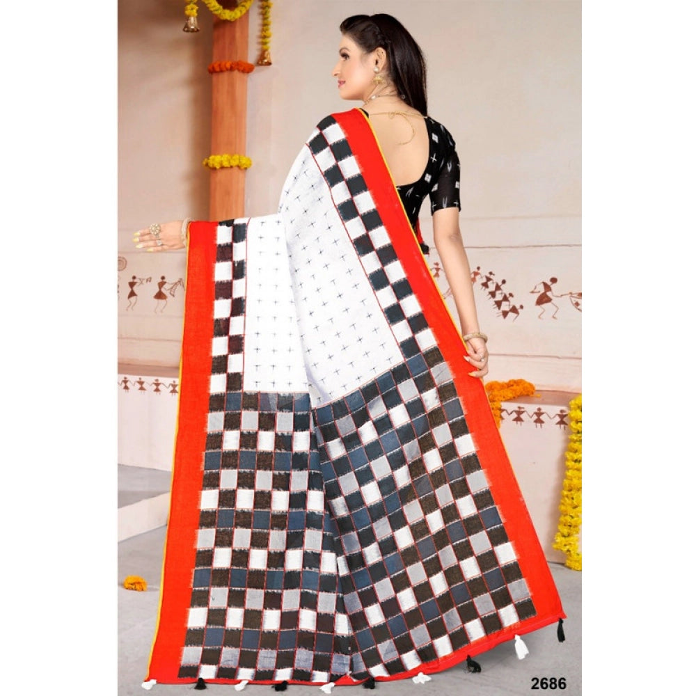 Women's Soft Pure Cotton Printed Saree With Unstitched Blouse 5.5Mtr (White)