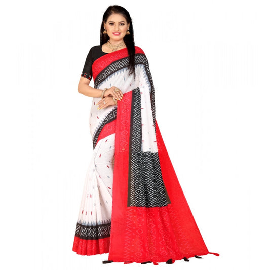 Women's Soft Pure Cotton Printed Saree With Unstitched Blouse 5.5Mtr (White)