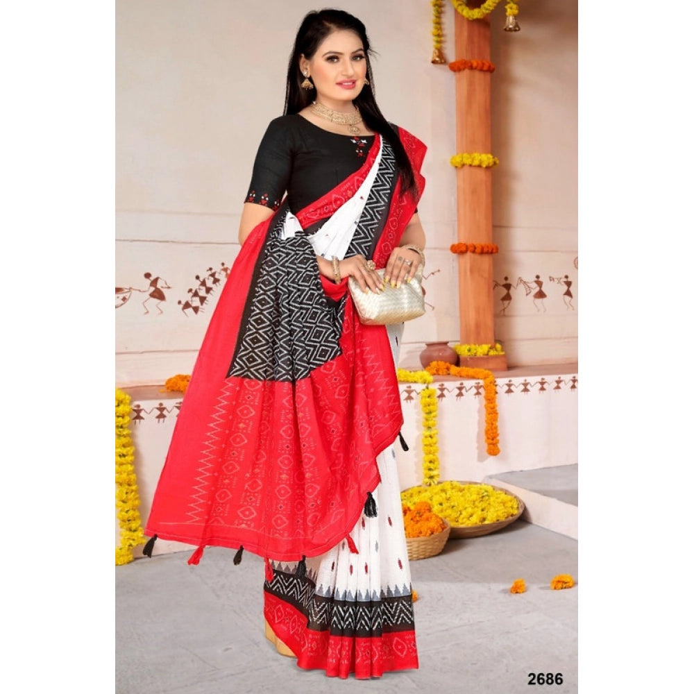 Women's Soft Pure Cotton Printed Saree With Unstitched Blouse 5.5Mtr (White)