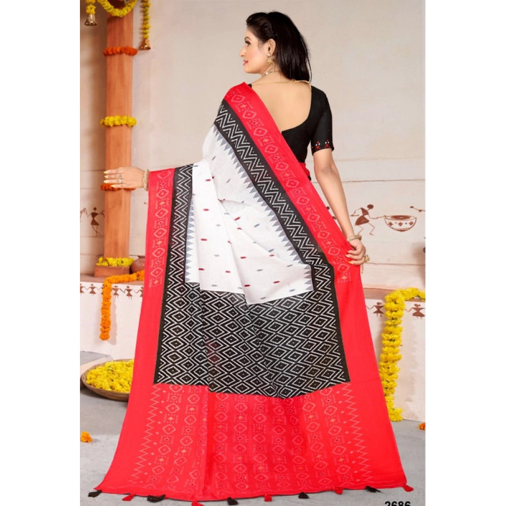 Women's Soft Pure Cotton Printed Saree With Unstitched Blouse 5.5Mtr (White)