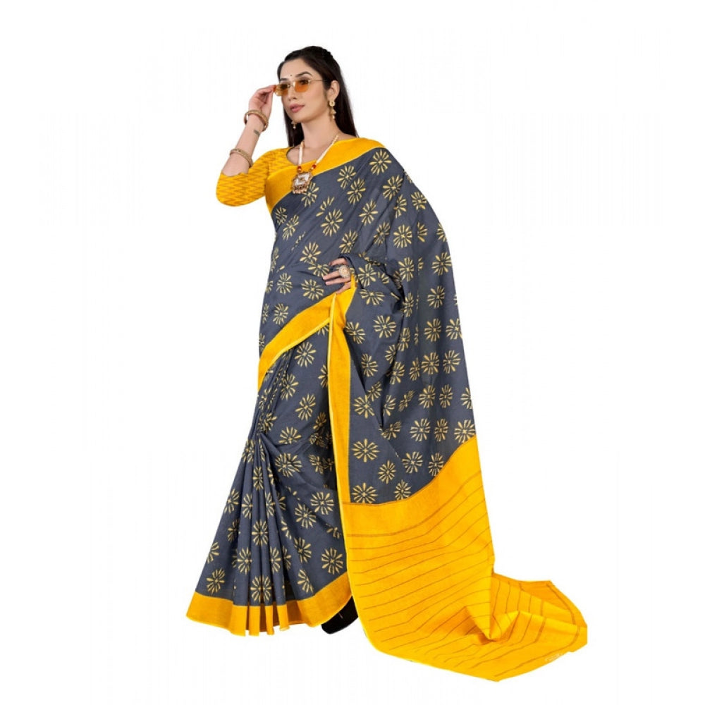 Women's Soft Pure Cotton Printed Saree With Unstitched Blouse 5.5Mtr (Grey)