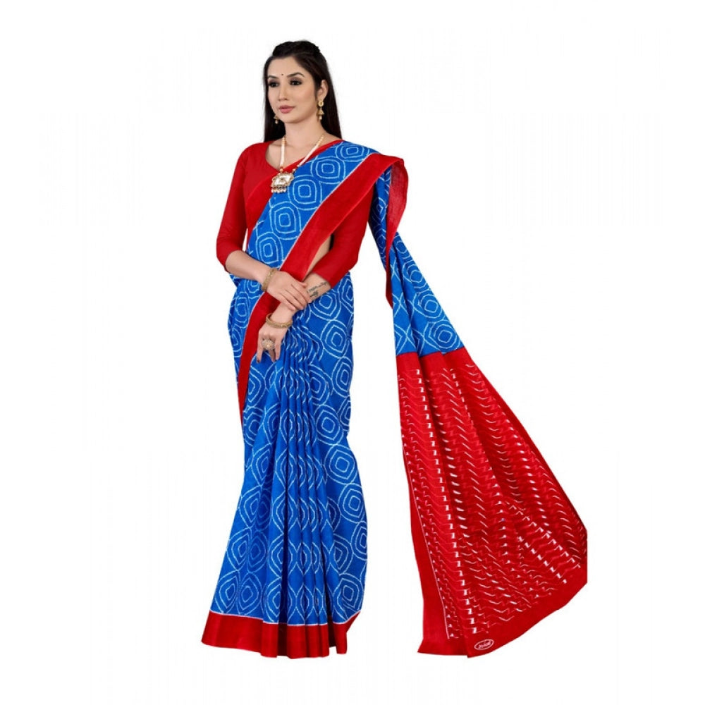 Women's Soft Pure Cotton Printed Saree With Unstitched Blouse 5.5Mtr (Blue)