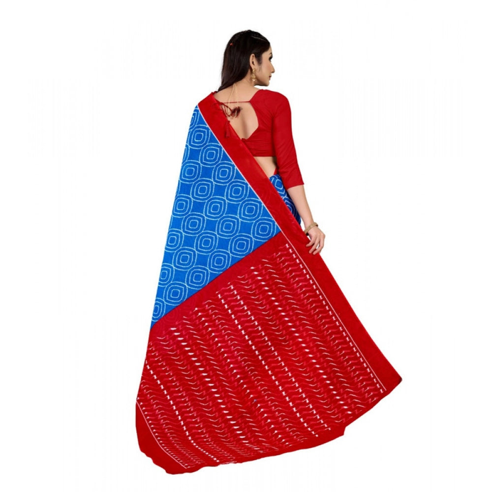 Women's Soft Pure Cotton Printed Saree With Unstitched Blouse 5.5Mtr (Blue)