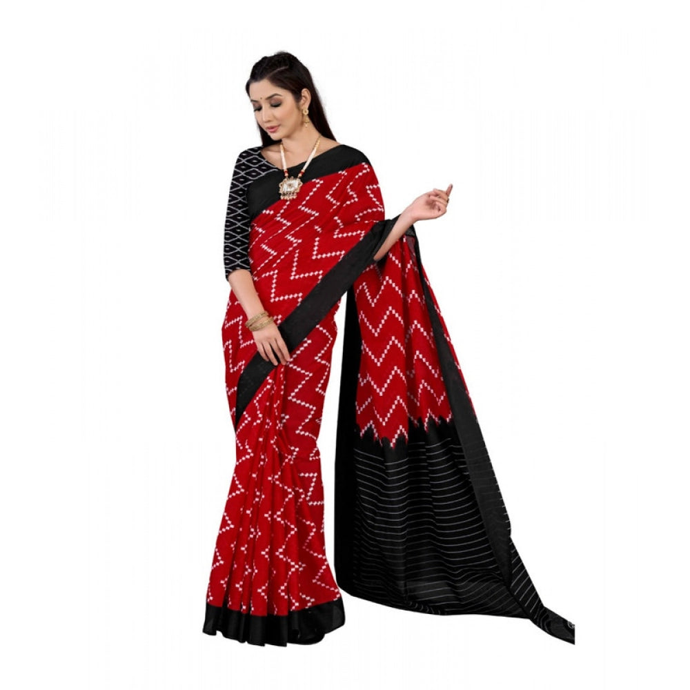 Women's Soft Pure Cotton Printed Saree With Unstitched Blouse 5.5Mtr (Red)