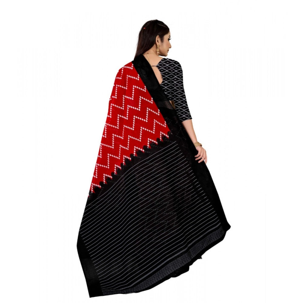 Women's Soft Pure Cotton Printed Saree With Unstitched Blouse 5.5Mtr (Red)