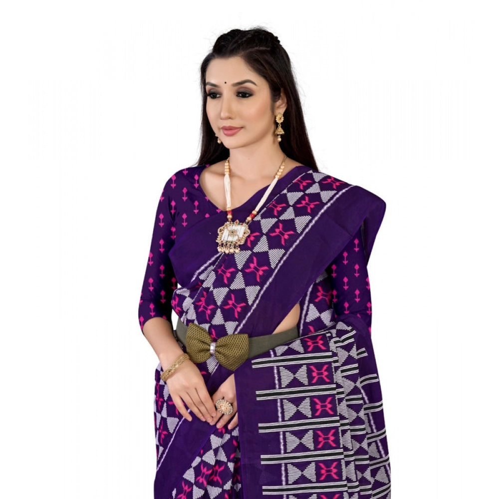 Women's Soft Pure Cotton Printed Saree With Unstitched Blouse 5.5Mtr (Purple)