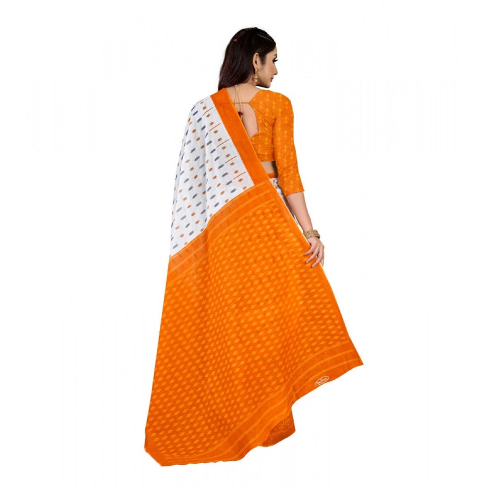 Women's Soft Pure Cotton Printed Saree With Unstitched Blouse 5.5Mtr (Orange)