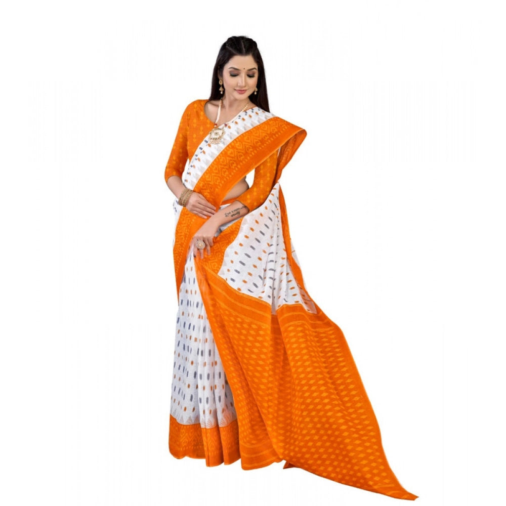 Women's Soft Pure Cotton Printed Saree With Unstitched Blouse 5.5Mtr (Orange)