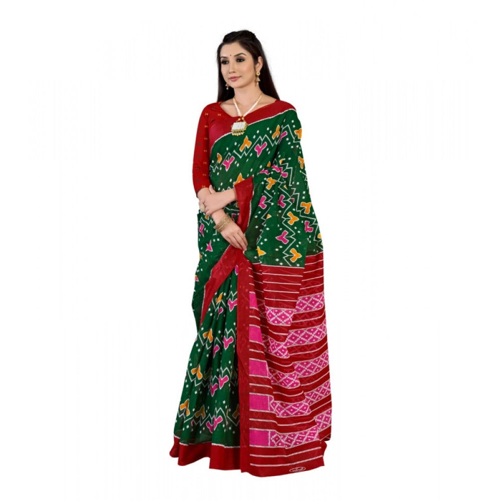 Women's Soft Pure Cotton Printed Saree With Unstitched Blouse 5.5Mtr (Green)