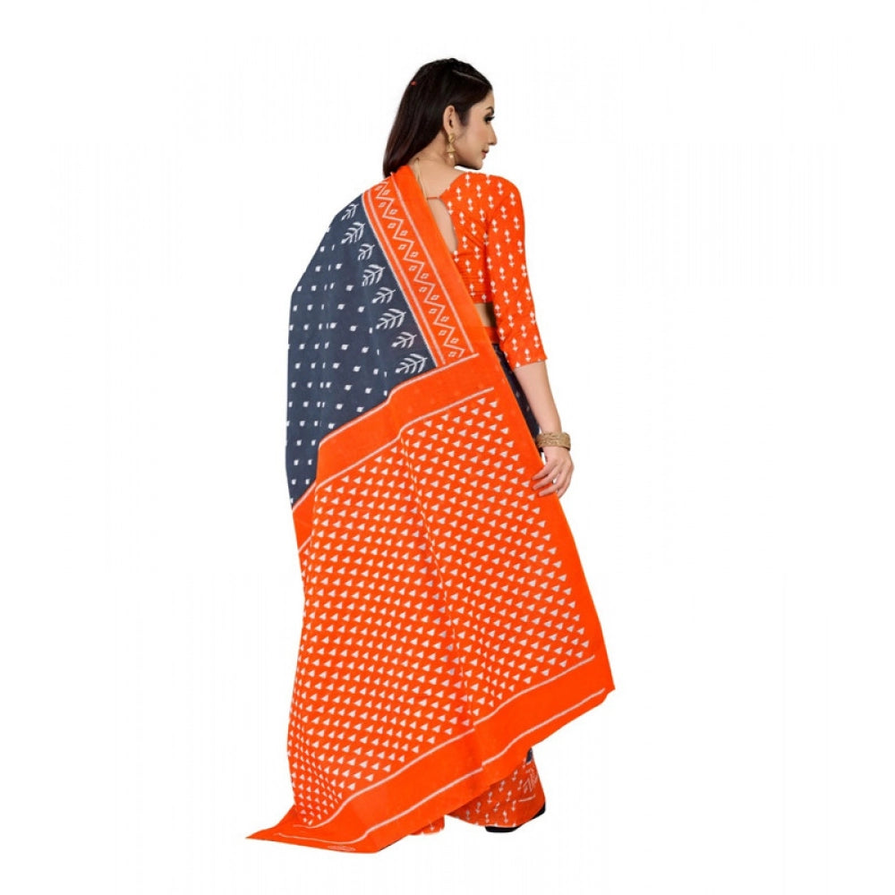Women's Soft Pure Cotton Printed Saree With Unstitched Blouse 5.5Mtr (Grey)