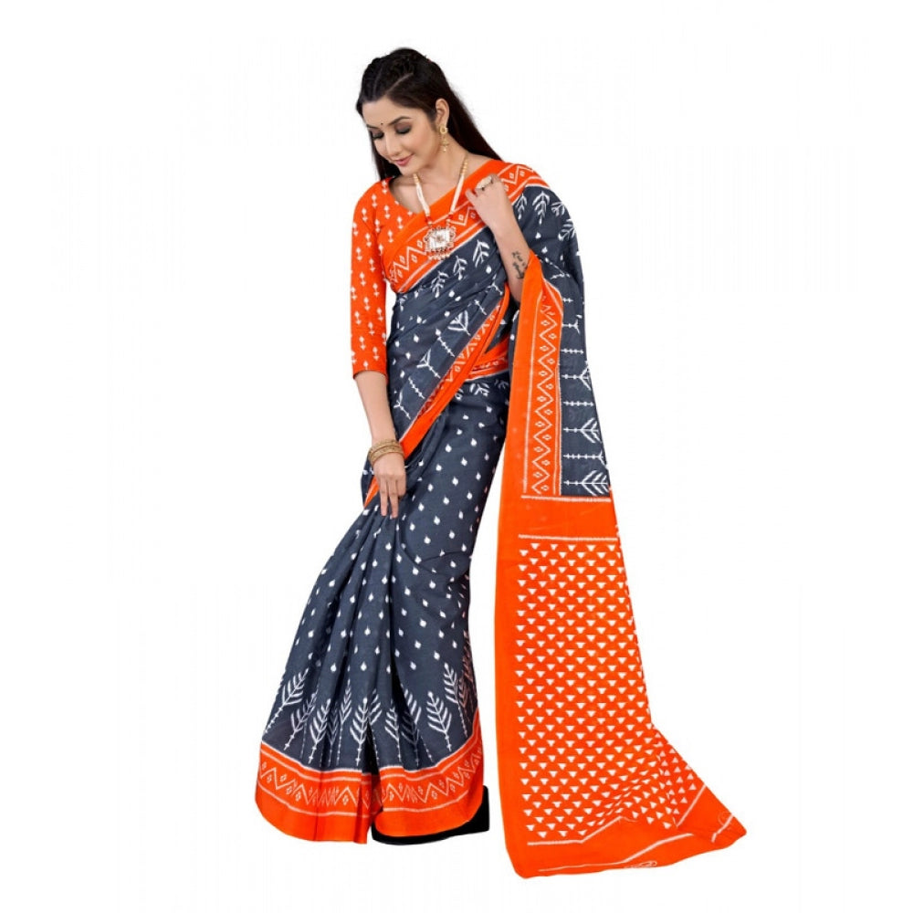 Women's Soft Pure Cotton Printed Saree With Unstitched Blouse 5.5Mtr (Grey)
