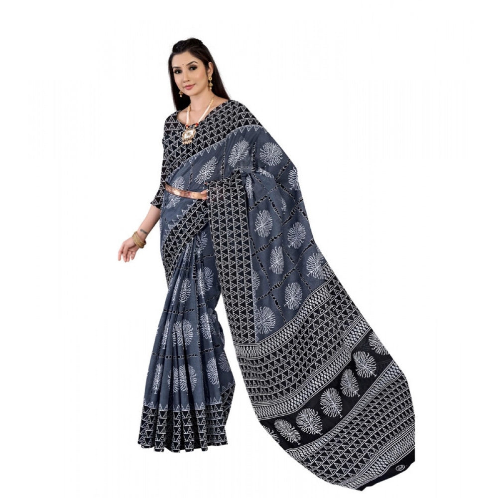 Women's Soft Pure Cotton Printed Saree With Unstitched Blouse 5.5Mtr (Multicolor)
