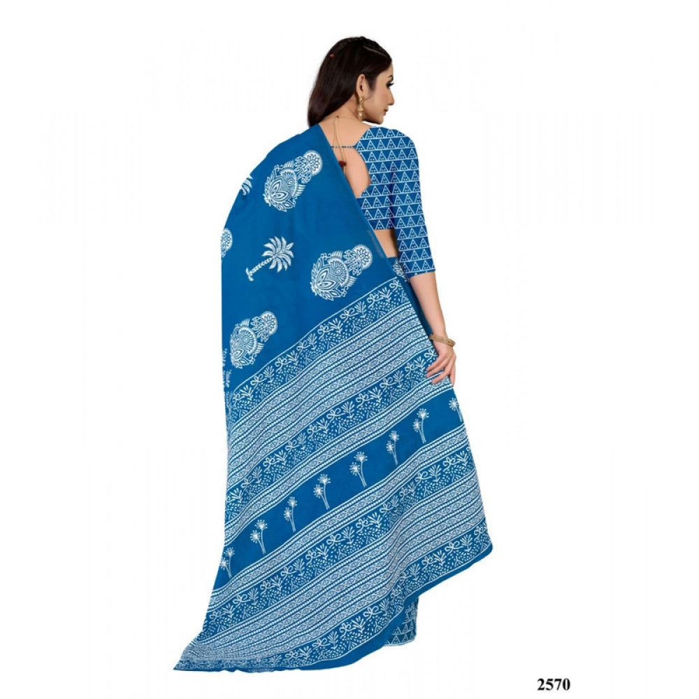 Women's Soft Pure Cotton Printed Saree With Unstitched Blouse 5.5Mtr (Blue)