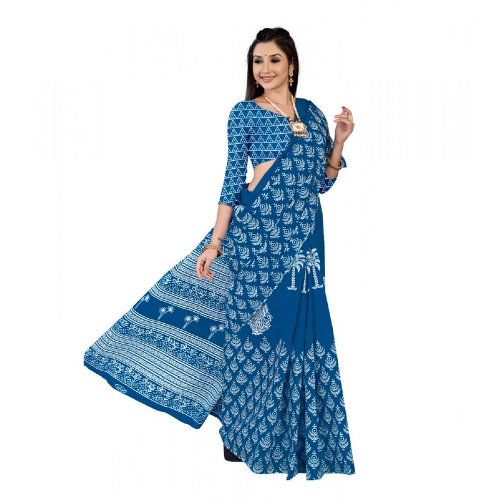 Women's Soft Pure Cotton Printed Saree With Unstitched Blouse 5.5Mtr (Blue)