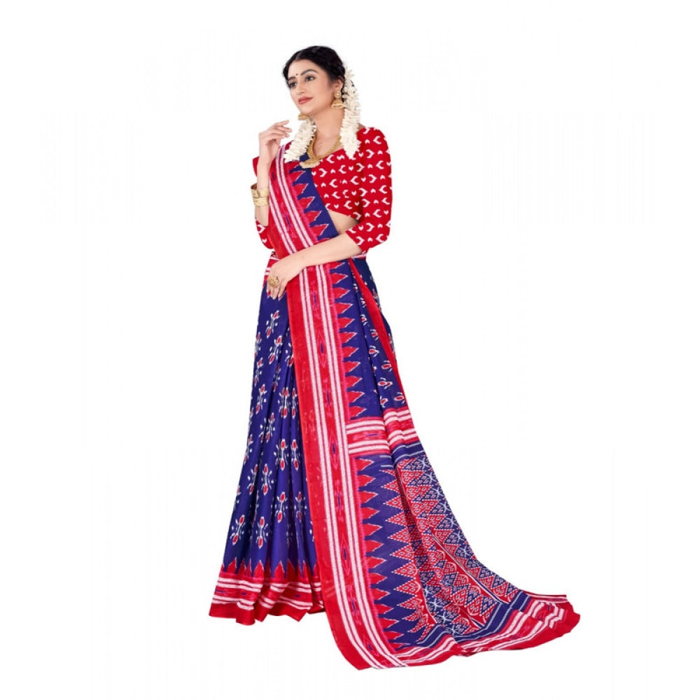 Women's Soft Pure Cotton Printed Saree With Unstitched Blouse 5.5Mtr (Blue)