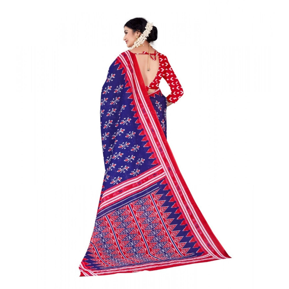 Women's Soft Pure Cotton Printed Saree With Unstitched Blouse 5.5Mtr (Blue)