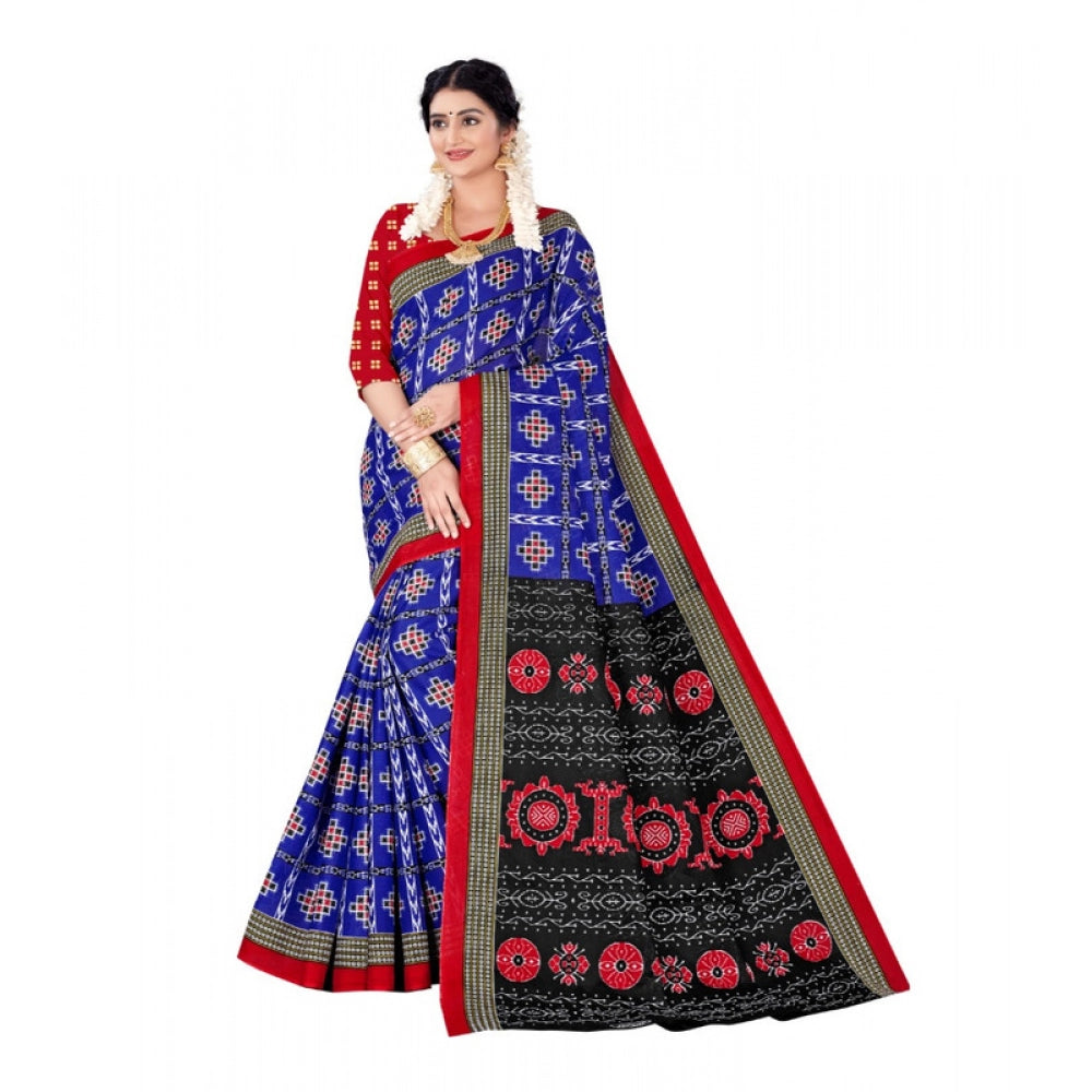 Women's Soft Pure Cotton Printed Saree With Unstitched Blouse 5.5Mtr (Blue)