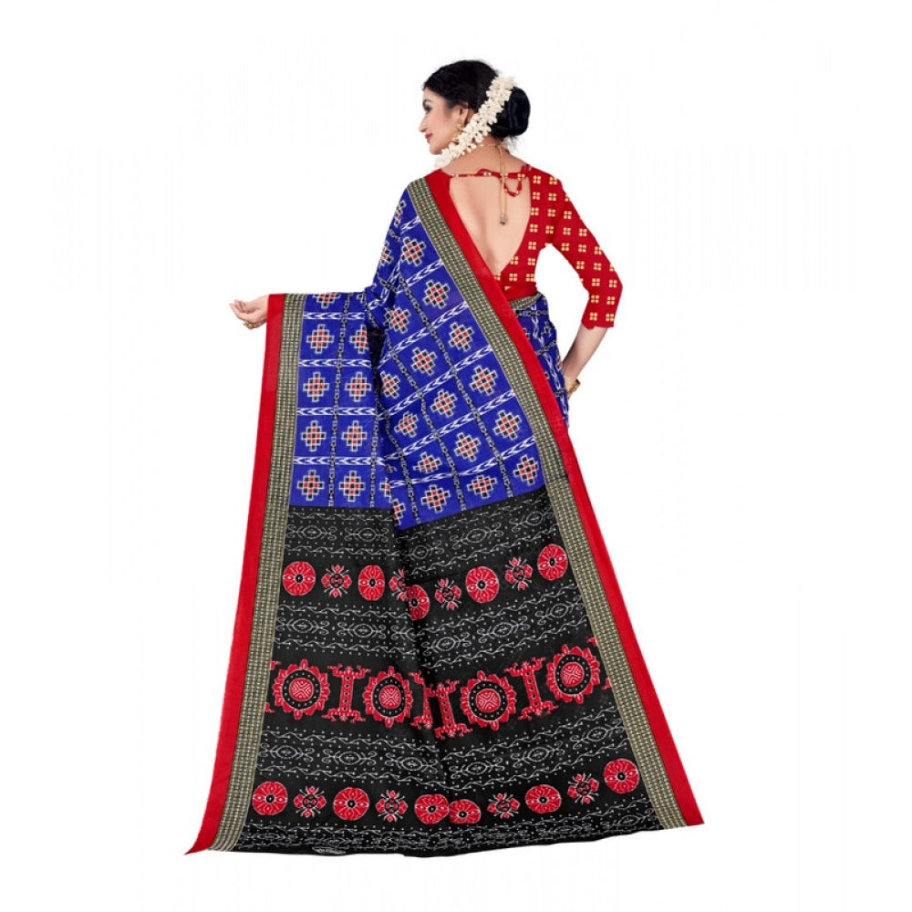 Women's Soft Pure Cotton Printed Saree With Unstitched Blouse 5.5Mtr (Blue)