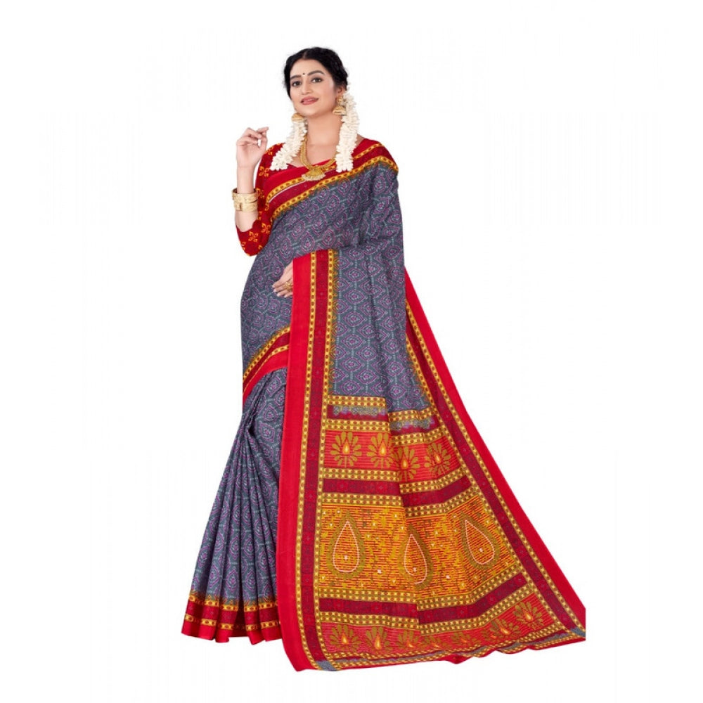 Women's Soft Pure Cotton Printed Saree With Unstitched Blouse 5.5Mtr (Grey)