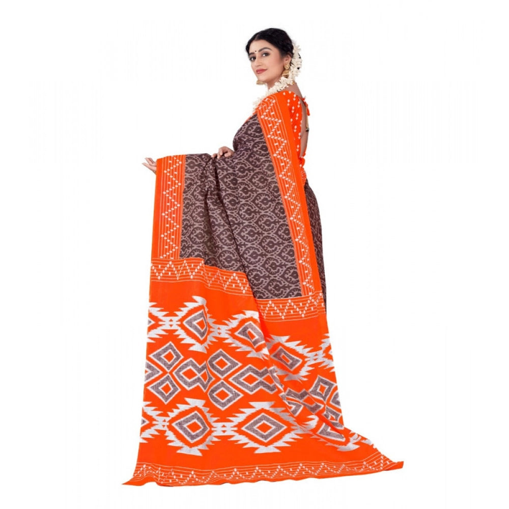 Women's Soft Pure Cotton Printed Saree With Unstitched Blouse 5.5Mtr (Orange)