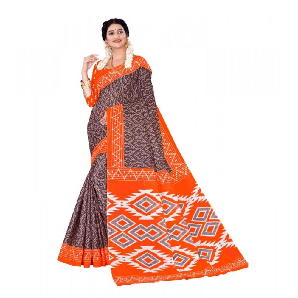 Women's Soft Pure Cotton Printed Saree With Unstitched Blouse 5.5Mtr (Orange)