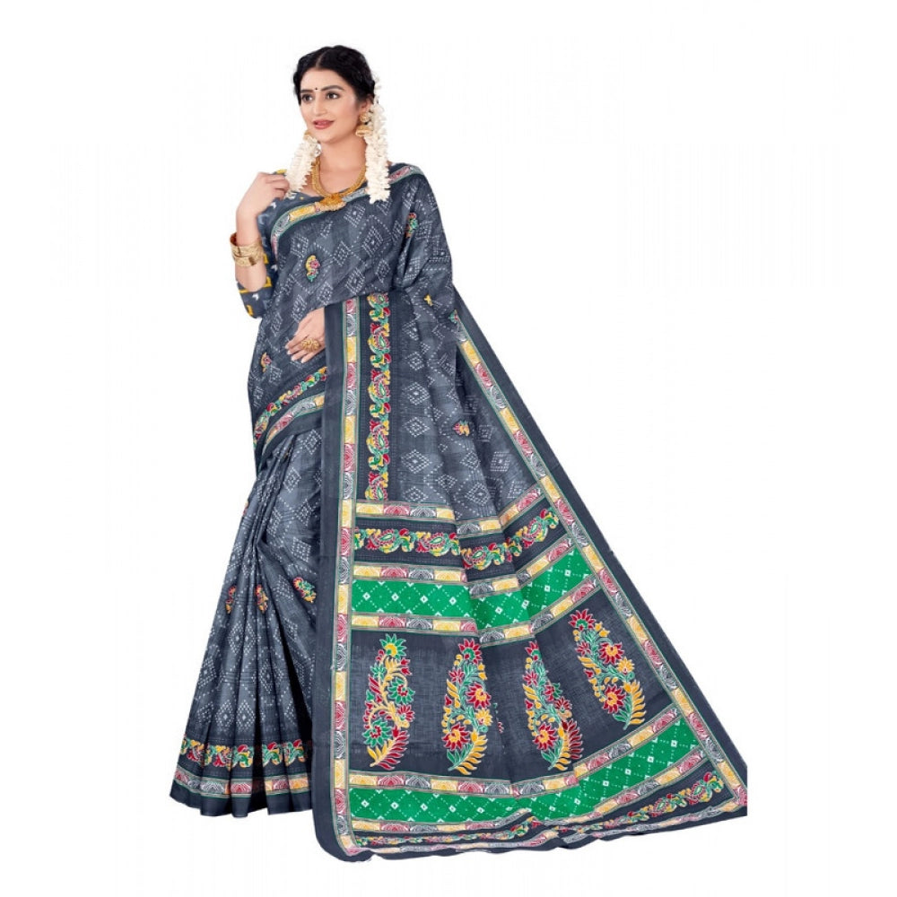 Women's Soft Pure Cotton Printed Saree With Unstitched Blouse 5.5Mtr (Grey)