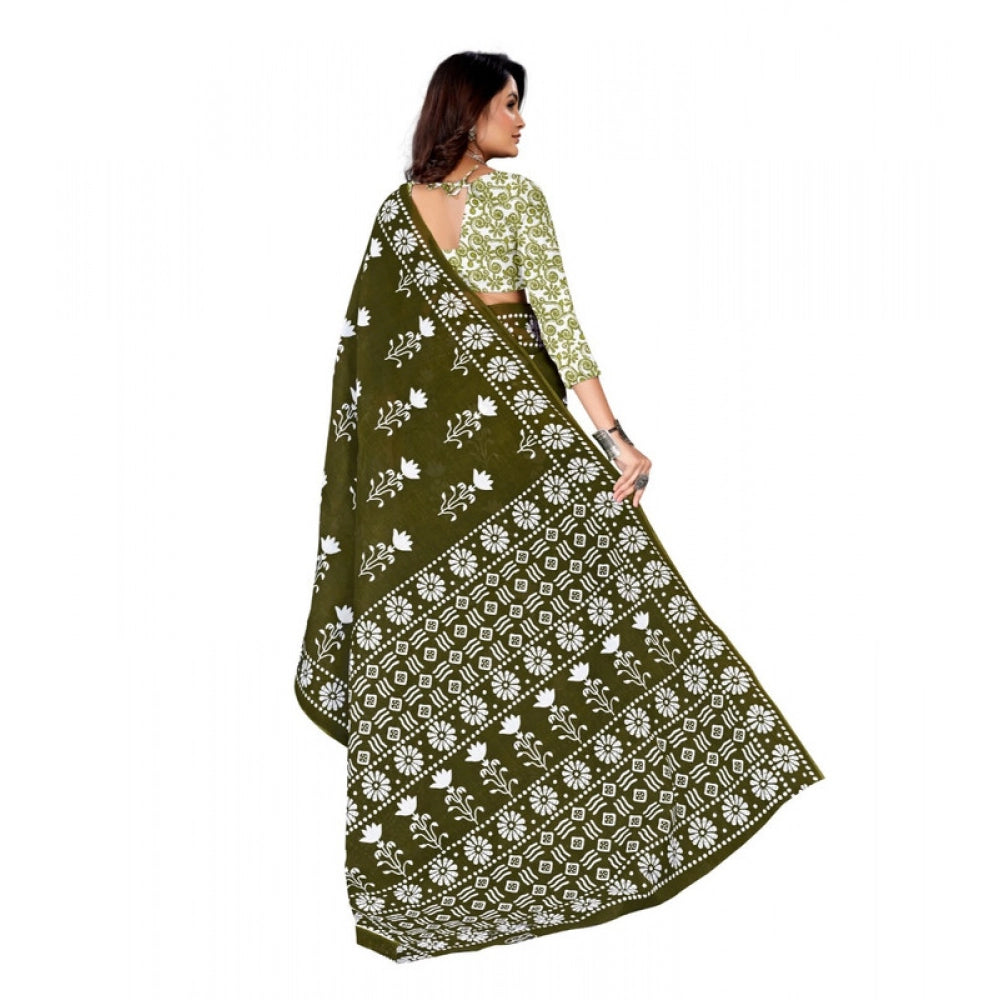 Women's Soft Pure Cotton Printed Saree With Unstitched Blouse 5.5Mtr (Mehendi green)