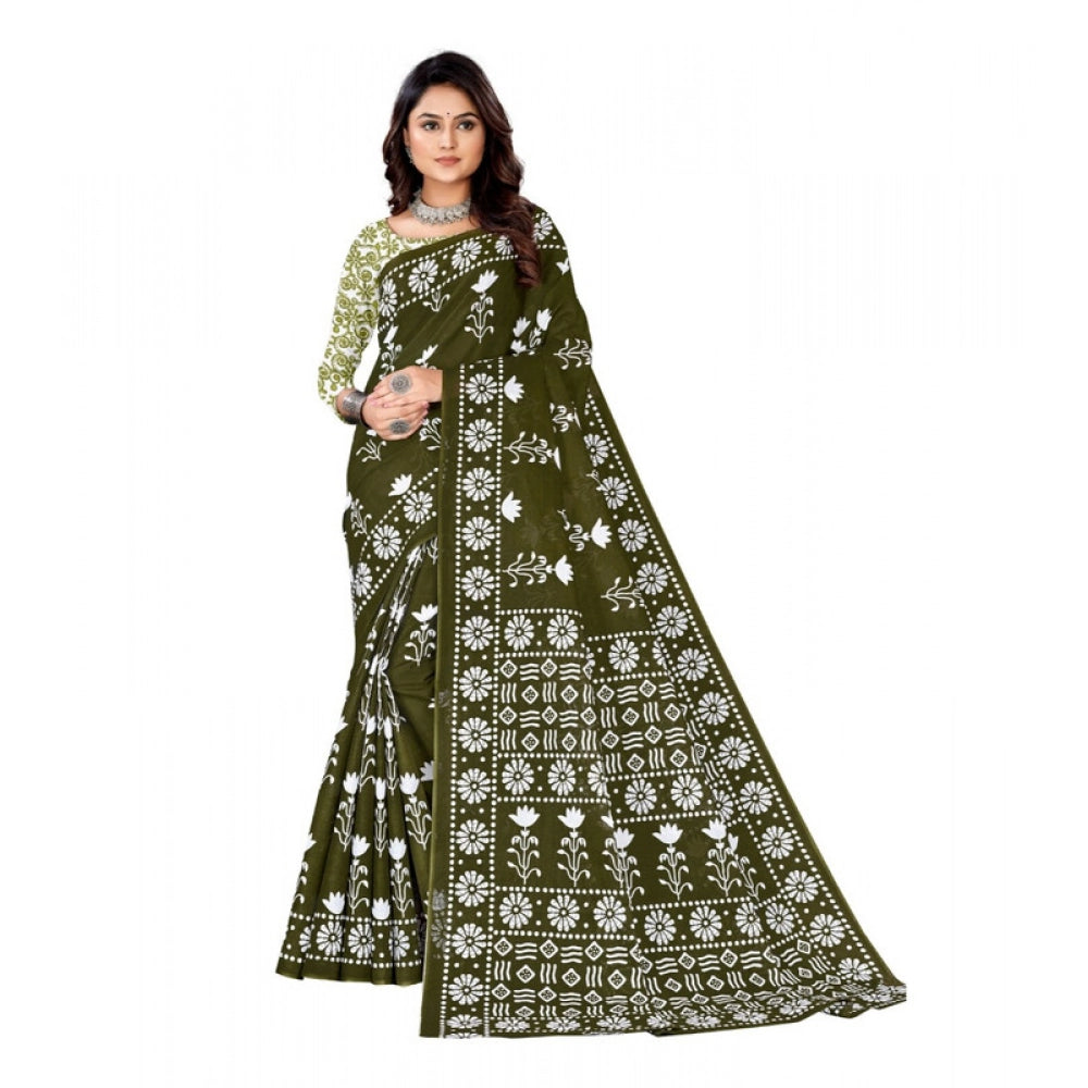 Women's Soft Pure Cotton Printed Saree With Unstitched Blouse 5.5Mtr (Mehendi green)